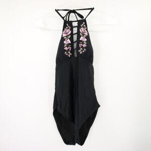 Mossimo Black One Piece Swimsuit Embroidered Purple Flowers Size Medium NWT